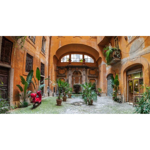Old Fashioned house with potted plants and scooter, Rome, Italy Black Modern Wood Framed Art Print with Double Matting by Frank, Assaf
