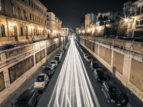 Strip Lights on road, Rome, Italy White Modern Wood Framed Art Print with Double Matting by Frank, Assaf