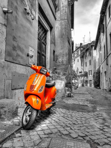 Scooter parked in narrow street of Rome, Italy White Modern Wood Framed Art Print with Double Matting by Frank, Assaf