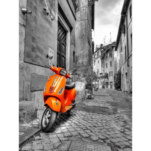 Scooter parked in narrow street of Rome, Italy Black Modern Wood Framed Art Print with Double Matting by Frank, Assaf
