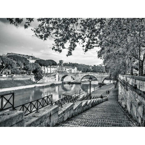 Tiber river through the city of Rome, Italy Black Modern Wood Framed Art Print with Double Matting by Frank, Assaf