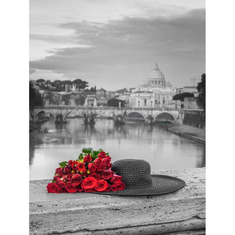 Hat and bunch of roses on bridge with Basilica di San Pietro in Vatican, Rome, Italy Black Modern Wood Framed Art Print with Double Matting by Frank, Assaf