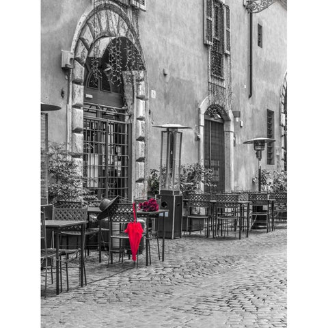 Red umbrella with female hat and bunch of roses on cafe table, Rome, Italy Black Modern Wood Framed Art Print with Double Matting by Frank, Assaf