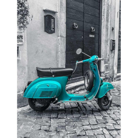 Old scooter on narrow street of Rome Black Modern Wood Framed Art Print with Double Matting by Frank, Assaf