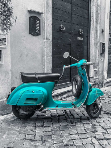 Old scooter on narrow street of Rome White Modern Wood Framed Art Print with Double Matting by Frank, Assaf