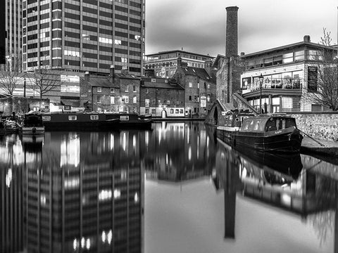 Narrow canal with small boats in Birmingham, UK Black Ornate Wood Framed Art Print with Double Matting by Frank, Assaf
