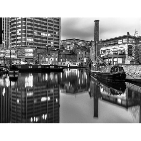 Narrow canal with small boats in Birmingham, UK Black Modern Wood Framed Art Print with Double Matting by Frank, Assaf