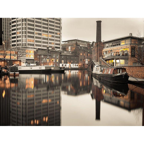 Narrow canal with small boats in Birmingham, UK Black Modern Wood Framed Art Print with Double Matting by Frank, Assaf