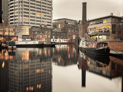 Narrow canal with small boats in Birmingham, UK Black Ornate Wood Framed Art Print with Double Matting by Frank, Assaf