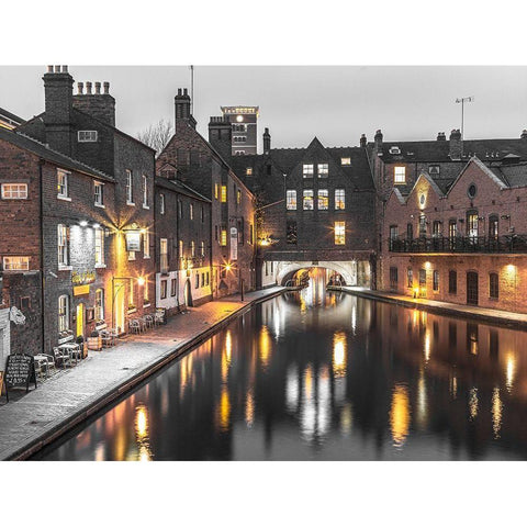 View of Gas street basin at evening in Birmingham, UK Black Modern Wood Framed Art Print with Double Matting by Frank, Assaf