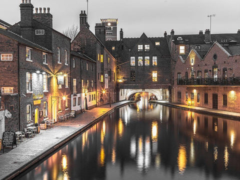 View of Gas street basin at evening in Birmingham, UK White Modern Wood Framed Art Print with Double Matting by Frank, Assaf