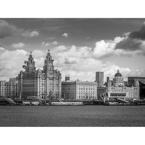 Liverpool city skyline across the River Mersey, UK, FTBR-1870 Black Modern Wood Framed Art Print with Double Matting by Frank, Assaf