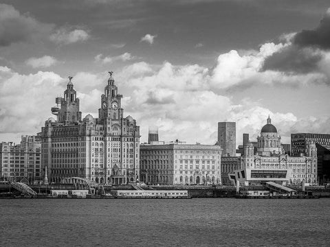 Liverpool city skyline across the River Mersey, UK, FTBR-1870 White Modern Wood Framed Art Print with Double Matting by Frank, Assaf