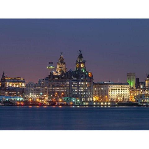 Liverpool city skyline across the River Mersey, UK,FTBR-1871 Black Modern Wood Framed Art Print with Double Matting by Frank, Assaf