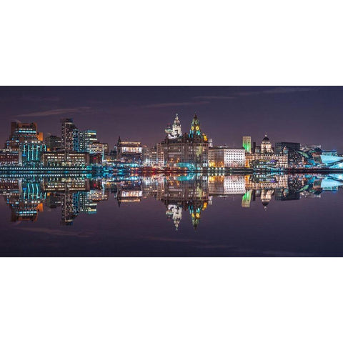 Liverpool city skyline across the River Mersey, UK, FTBR-1872 Black Modern Wood Framed Art Print with Double Matting by Frank, Assaf