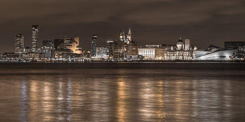 Liverpool city skyline across the River Mersey, UK,FTBR-1873 White Modern Wood Framed Art Print with Double Matting by Frank, Assaf