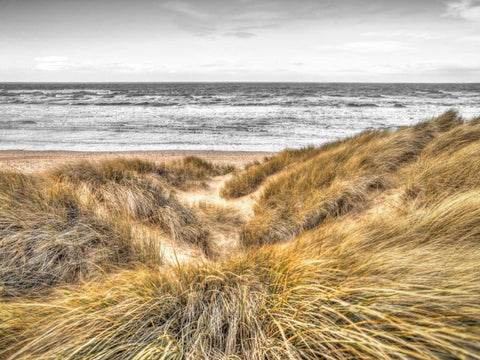 Tranquil beach with grass, Blackpool, UK White Modern Wood Framed Art Print with Double Matting by Frank, Assaf