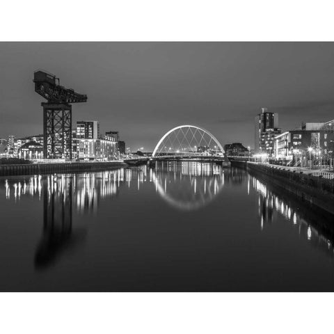 View along the river Clyde at night, Glasgow, FTBR-1806 Black Modern Wood Framed Art Print with Double Matting by Frank, Assaf