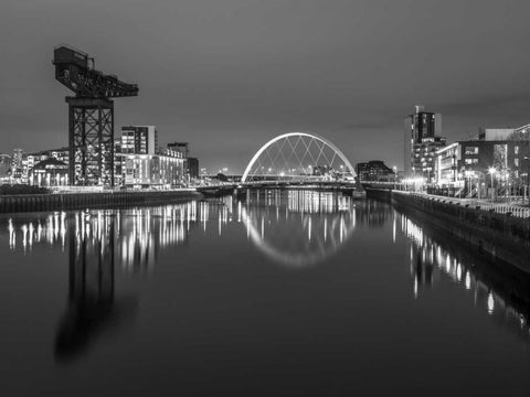 View along the river Clyde at night, Glasgow, FTBR-1806 White Modern Wood Framed Art Print with Double Matting by Frank, Assaf