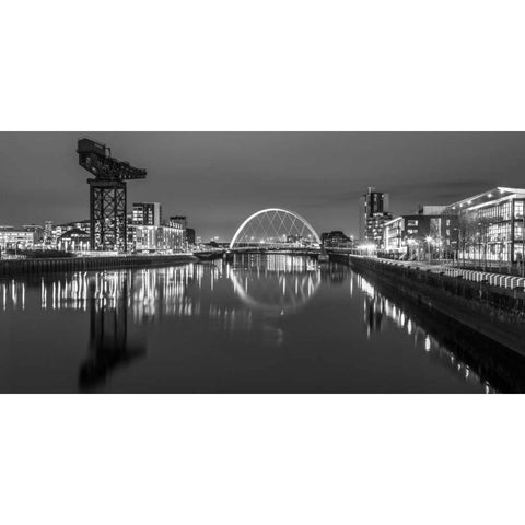 View along the river Clyde at night, Glasgow, FTBR-1807 Black Modern Wood Framed Art Print with Double Matting by Frank, Assaf