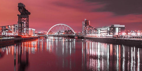 View along the river Clyde at night, Glasgow, FTBR-1902 White Modern Wood Framed Art Print with Double Matting by Frank, Assaf
