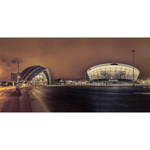Evening view of Clyde Auditorium and SSE Hydro in Glasgow, FTBR-1904 Black Modern Wood Framed Art Print with Double Matting by Frank, Assaf