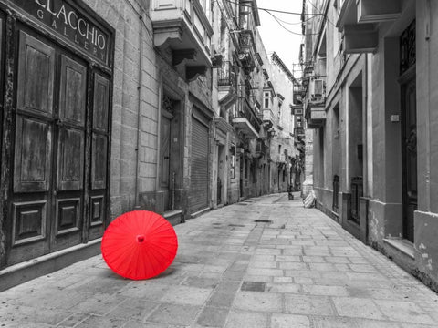 Red umbrella on narrow street of Birgu, malta White Modern Wood Framed Art Print with Double Matting by Frank, Assaf