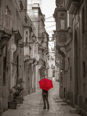 Tourist with umbrella at narrow street on Birgu, Malta White Modern Wood Framed Art Print with Double Matting by Frank, Assaf