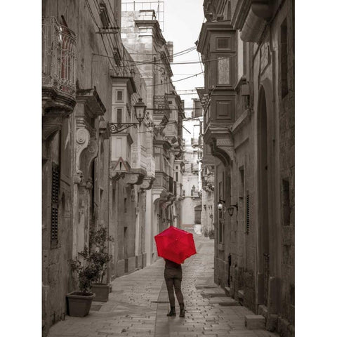 Tourist with umbrella at narrow street on Birgu, Malta Black Modern Wood Framed Art Print by Frank, Assaf