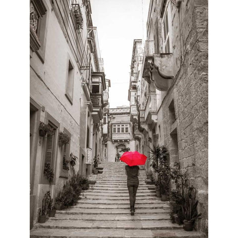 Tourist with umbrella in steps through houses in Birgu, Malta Black Modern Wood Framed Art Print with Double Matting by Frank, Assaf