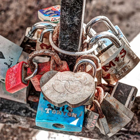 Love padlocks on bridge railing, St Julians, Malta White Modern Wood Framed Art Print by Frank, Assaf