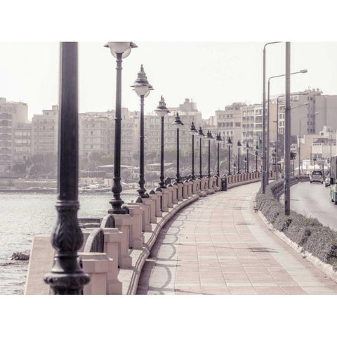 Road by the sea at St Julians bay, Malta Black Modern Wood Framed Art Print with Double Matting by Frank, Assaf