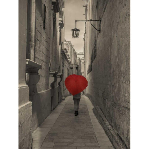 Tourist with heart shaped umbrella walking through narrow street of Mdina, Malta Black Modern Wood Framed Art Print by Frank, Assaf