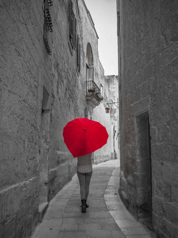 Tourist with heart shaped umbrella walking through narrow street of Mdina, Malta White Modern Wood Framed Art Print with Double Matting by Frank, Assaf