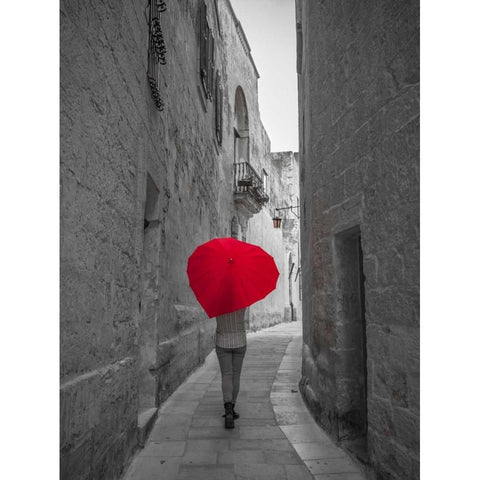 Tourist with heart shaped umbrella walking through narrow street of Mdina, Malta Black Modern Wood Framed Art Print with Double Matting by Frank, Assaf