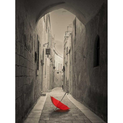 Red umbrella on narrow street of Mdina, Malta White Modern Wood Framed Art Print by Frank, Assaf
