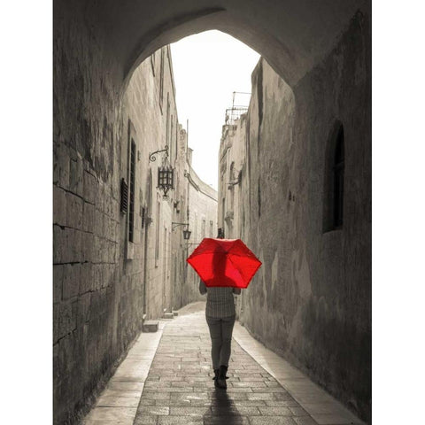 Tourist with umbrella walking through narrow street in Mdina, Malta Black Modern Wood Framed Art Print with Double Matting by Frank, Assaf
