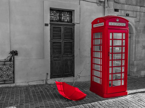 Red umbrella and Telephone box on street of Marsaxlokk, Malta White Modern Wood Framed Art Print with Double Matting by Frank, Assaf