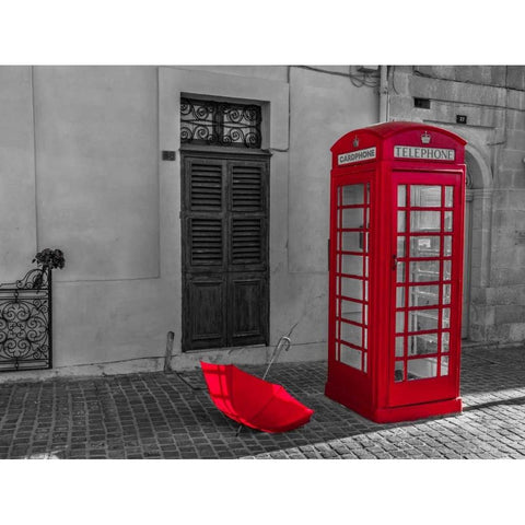 Red umbrella and Telephone box on street of Marsaxlokk, Malta Black Modern Wood Framed Art Print with Double Matting by Frank, Assaf