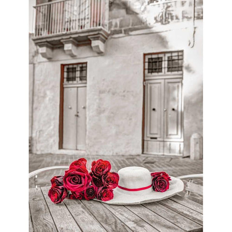Female hat with bunch of roses on cafe table, Malta Black Modern Wood Framed Art Print with Double Matting by Frank, Assaf