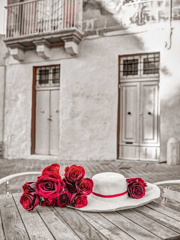 Female hat with bunch of roses on cafe table, Malta Black Ornate Wood Framed Art Print with Double Matting by Frank, Assaf