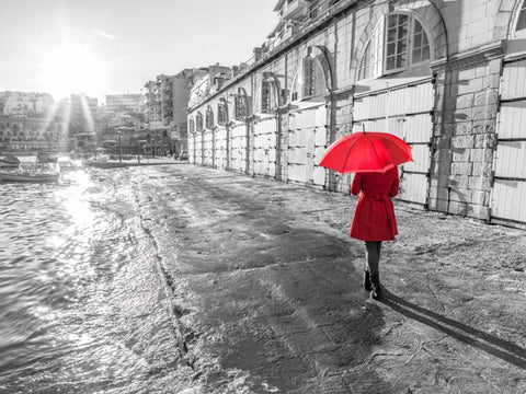 Tourist with red umbrella, Malta Black Ornate Wood Framed Art Print with Double Matting by Frank, Assaf