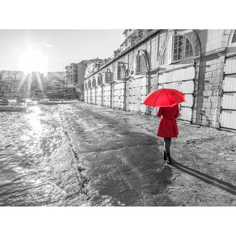 Tourist with red umbrella, Malta Black Modern Wood Framed Art Print by Frank, Assaf