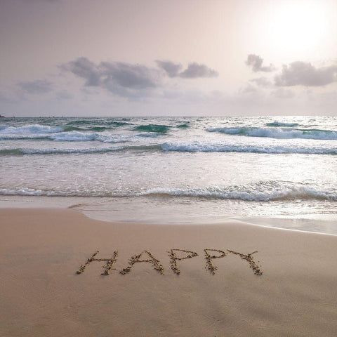 Sand writing - Word Happy written on beach White Modern Wood Framed Art Print with Double Matting by Frank, Assaf