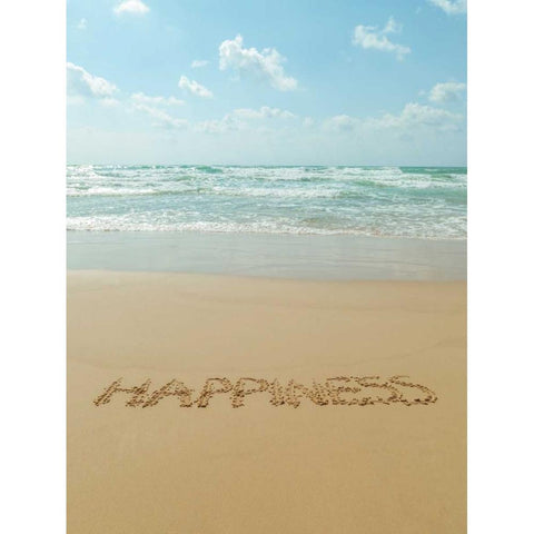 Word Happiness written in sand on the beach Black Modern Wood Framed Art Print by Frank, Assaf