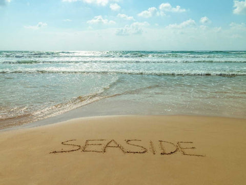 Word Seaside written in sand on the beach White Modern Wood Framed Art Print with Double Matting by Frank, Assaf