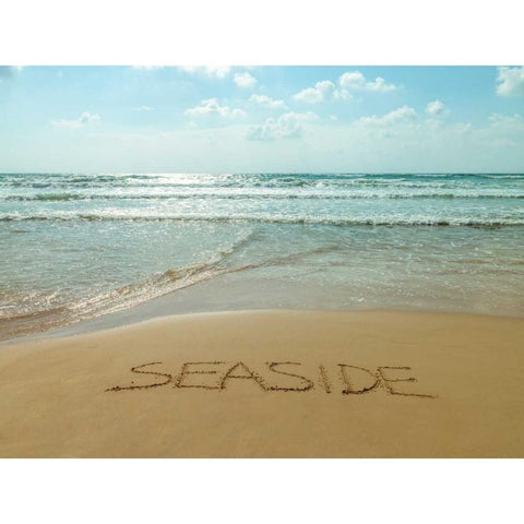 Word Seaside written in sand on the beach Black Modern Wood Framed Art Print by Frank, Assaf