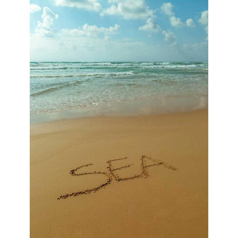 Word Sea written in sand on the beach Black Modern Wood Framed Art Print by Frank, Assaf