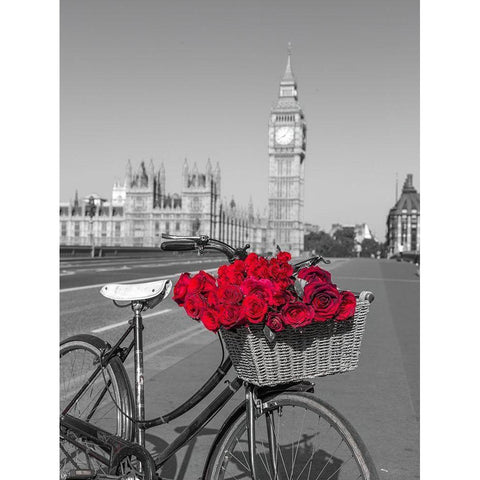 Bicycle with bunch of flowers on Westminster Bridge-London-UK Black Modern Wood Framed Art Print with Double Matting by Frank, Assaf