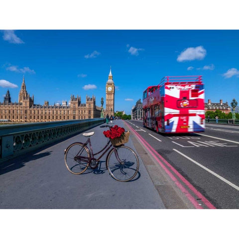 Bicycle with bunch of flowers on Westminster Bridge , London, UK Gold Ornate Wood Framed Art Print with Double Matting by Frank, Assaf
